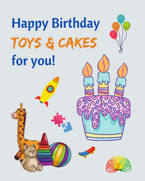 Toys And Cake online Kids Birthday Card | Virtual Kids Birthday Ecard