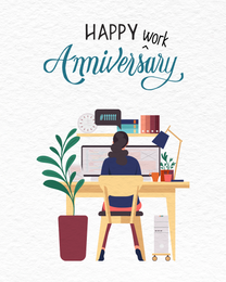 Lady Working online Work Anniversary Card | Virtual Work Anniversary Ecard