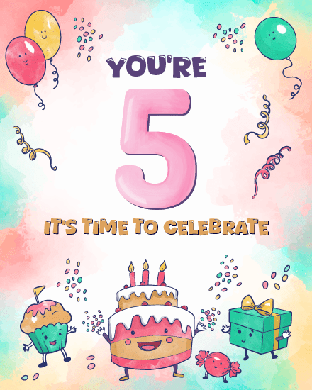 Time To Celebrate online 5th Birthday Card