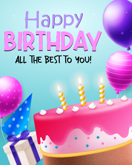 Soft blue background with a pink frosted cake, lit candles, purple balloons, and a white gift box, featuring the text Happy Birthday, all the best to you.