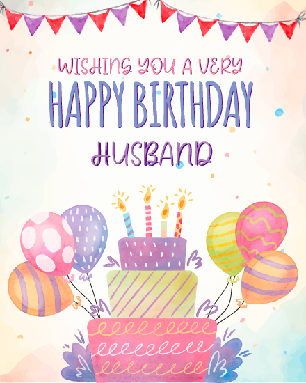 Decorated With Balloons online Husband birthday Card