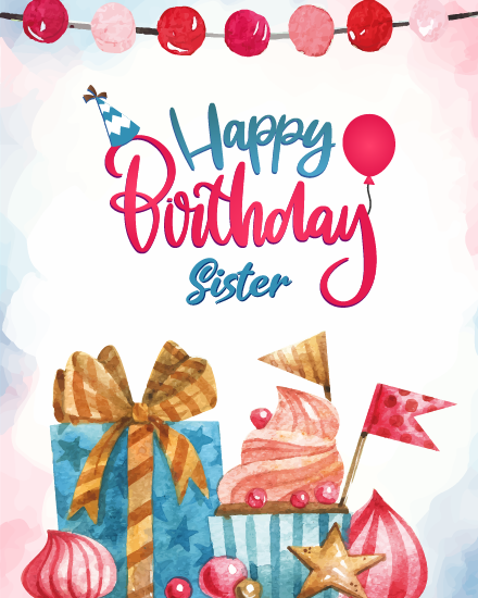 Cupcake With Gift online Sister Birthday Card