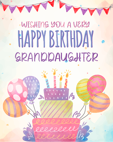 Vibrant Cake With Balloons online Granddaughter Birthday Card