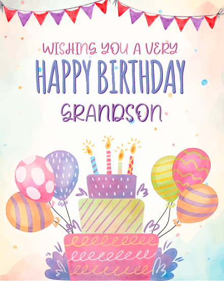 Colorful Cake With Lit Candles online Grandson Birthday Card