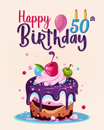 Colorful Cake online 50th Birthday Card