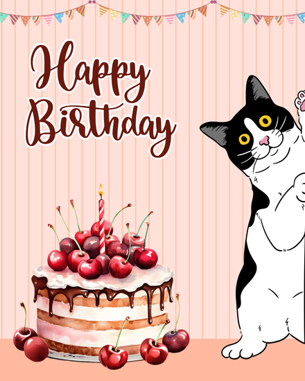 Cherry Cake online Cat Birthday Card