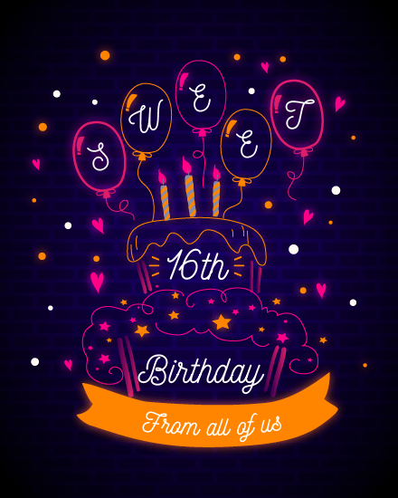 Neon Glow Cake online Sweet 16 Birthday Card