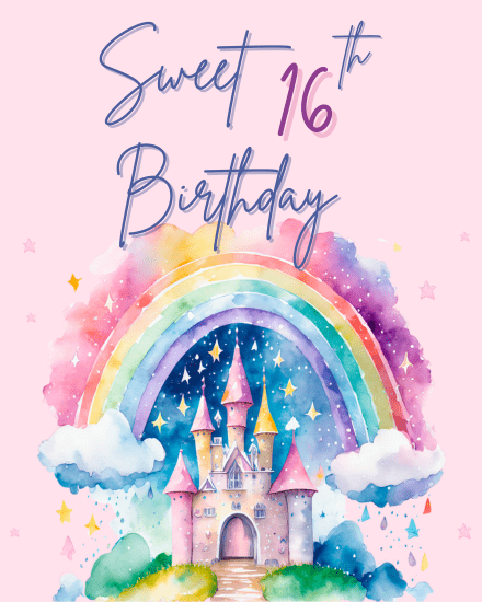 Dreamy Rainbow Castle online Sweet 16 Birthday Card