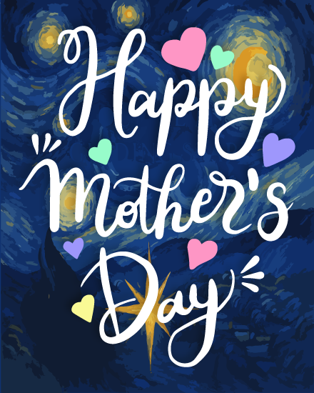 Colorful Hearts Starry Night Theme online Mother's Day Card