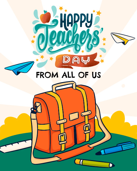 Orange School Bag With Stationary online Teachers Day Card