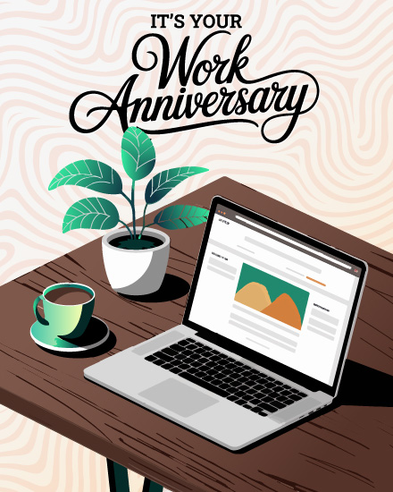 Laptop On Wooden Desk online Work Anniversary Card