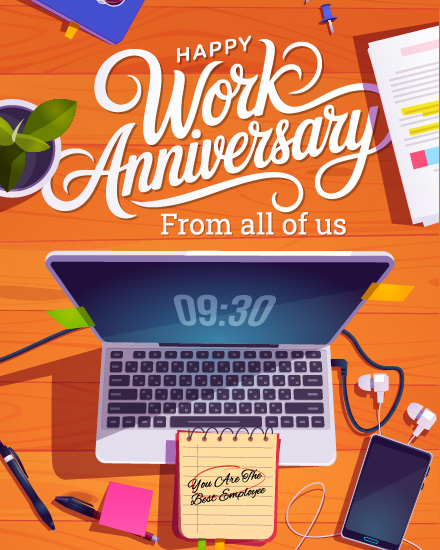 Desk Laptop Flatlay online Work Anniversary Card