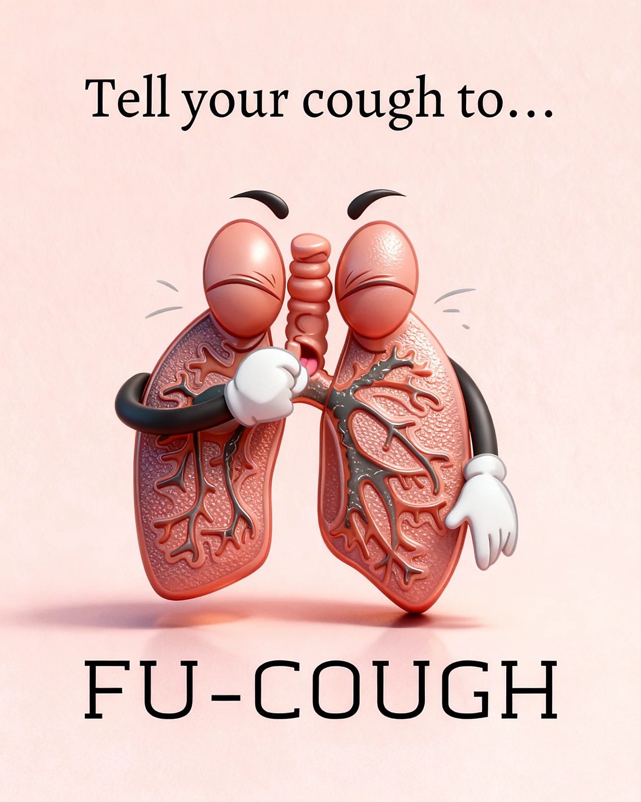 A humorous 3D illustration of a pair of personified lungs coughing, featuring a bold pun about telling a cough to go away