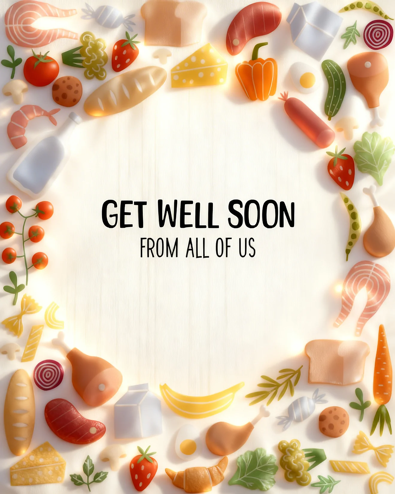 3D illustration of a get well soon message from a group, framed by a variety of colorful food items like fruits, vegetables, bread, and proteins on a white wooden surface