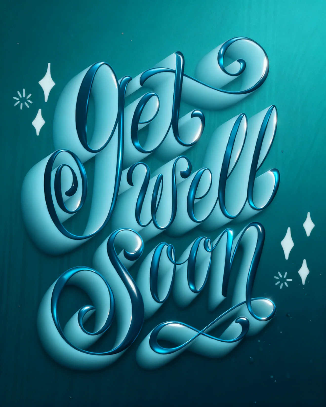 Sophisticated 3D cursive typography spelling out Get Well Soon in metallic and matte blue tones on a matching teal background.