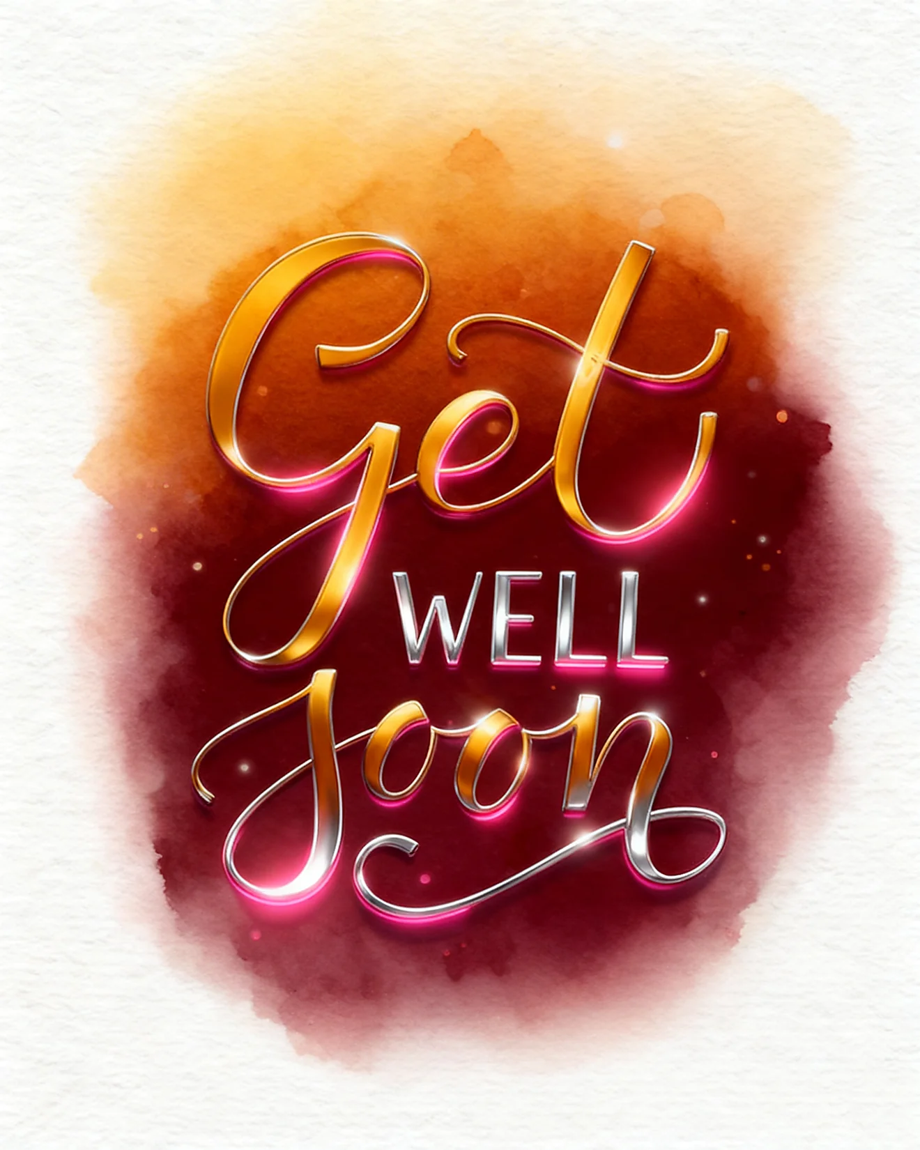 Elegant 3D metallic and neon script spelling out Get Well Soon over a warm orange and deep burgundy watercolor wash.