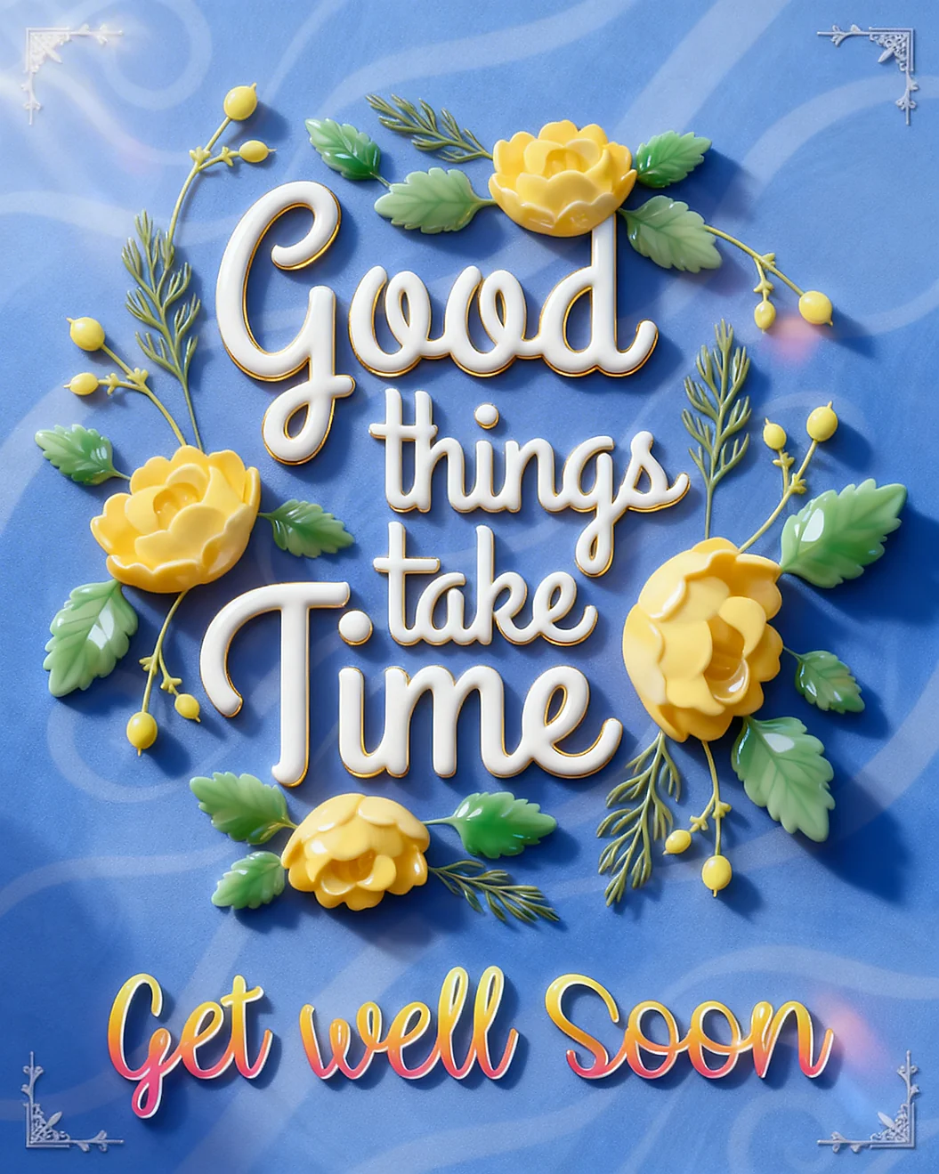 A vibrant 3D sunflower with a smiling face next to bold "Get Well Soon" typography on a clean white background
