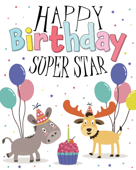 Super Star Animals online Kids Birthday Card