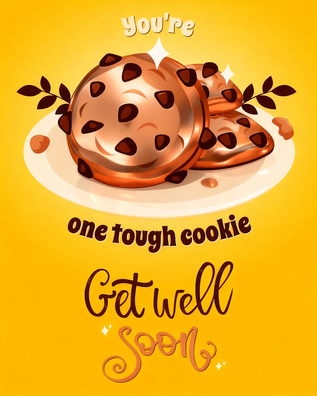 A 3D illustration of chocolate chip cookies on a plate with the playful message You're one tough cookie, Get Well Soon, on a yellow background