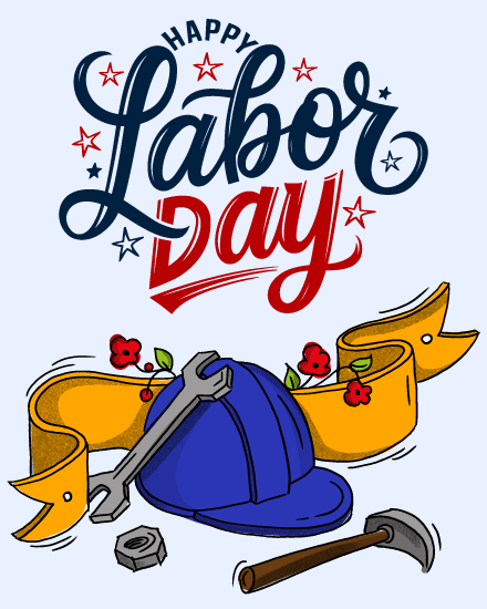Blue helmet, wrench and yellow ribbon with stars on a free labor day ecard
