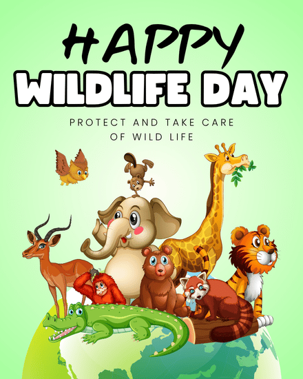 Free world wildlife day card with elephant, tiger, giraffe and crocodile on a globe