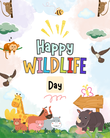Giraffe, hippo and rhino beside a wooden sign on a free world wildlife day ecard