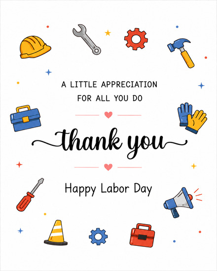 Free labor day card framed by hammer, gloves, toolbox and cone icons around thank you