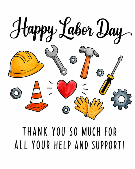 Hard hat, hammer, gloves and a red heart on a free labor day ecard thanking workers