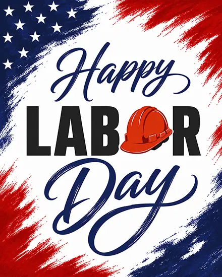 Orange hard hat with red, white and blue flag strokes on a free labor day card