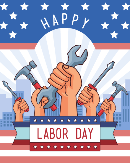 Raised hands hold tools above a city skyline on a free labor day ecard with stars
