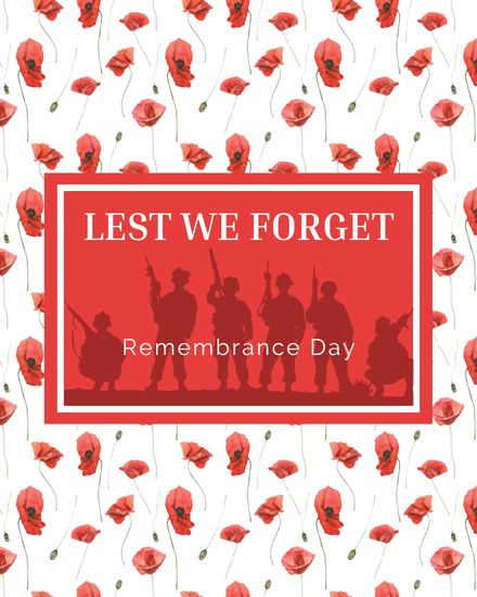 Soldier silhouettes on a red banner over poppies on a free remembrance day card.