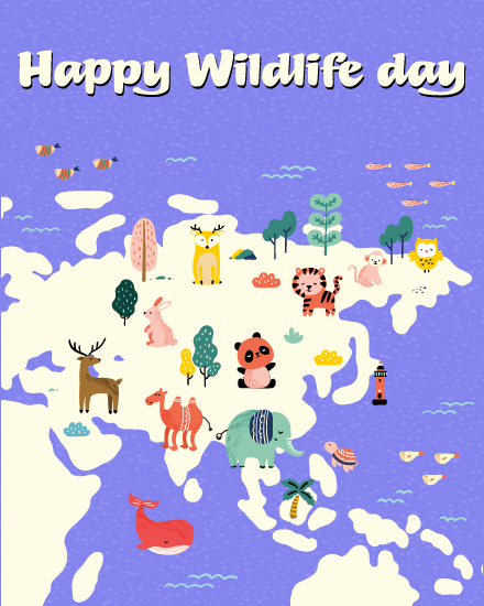 Illustrated world map with tiger, panda, whale and camel on a free wildlife day ecard