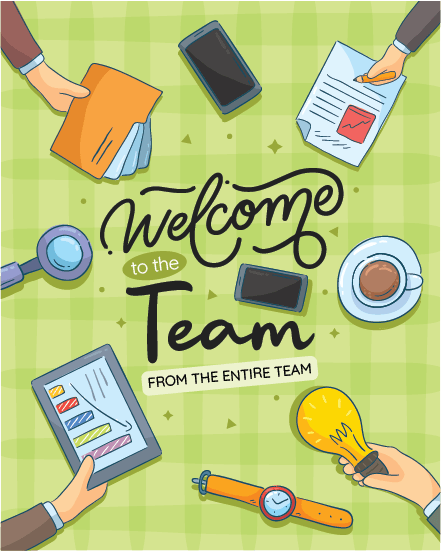 Green office flatlay illustration with tablet, files, coffee cup, smartwatch and “Welcome to the Team” typography in center.