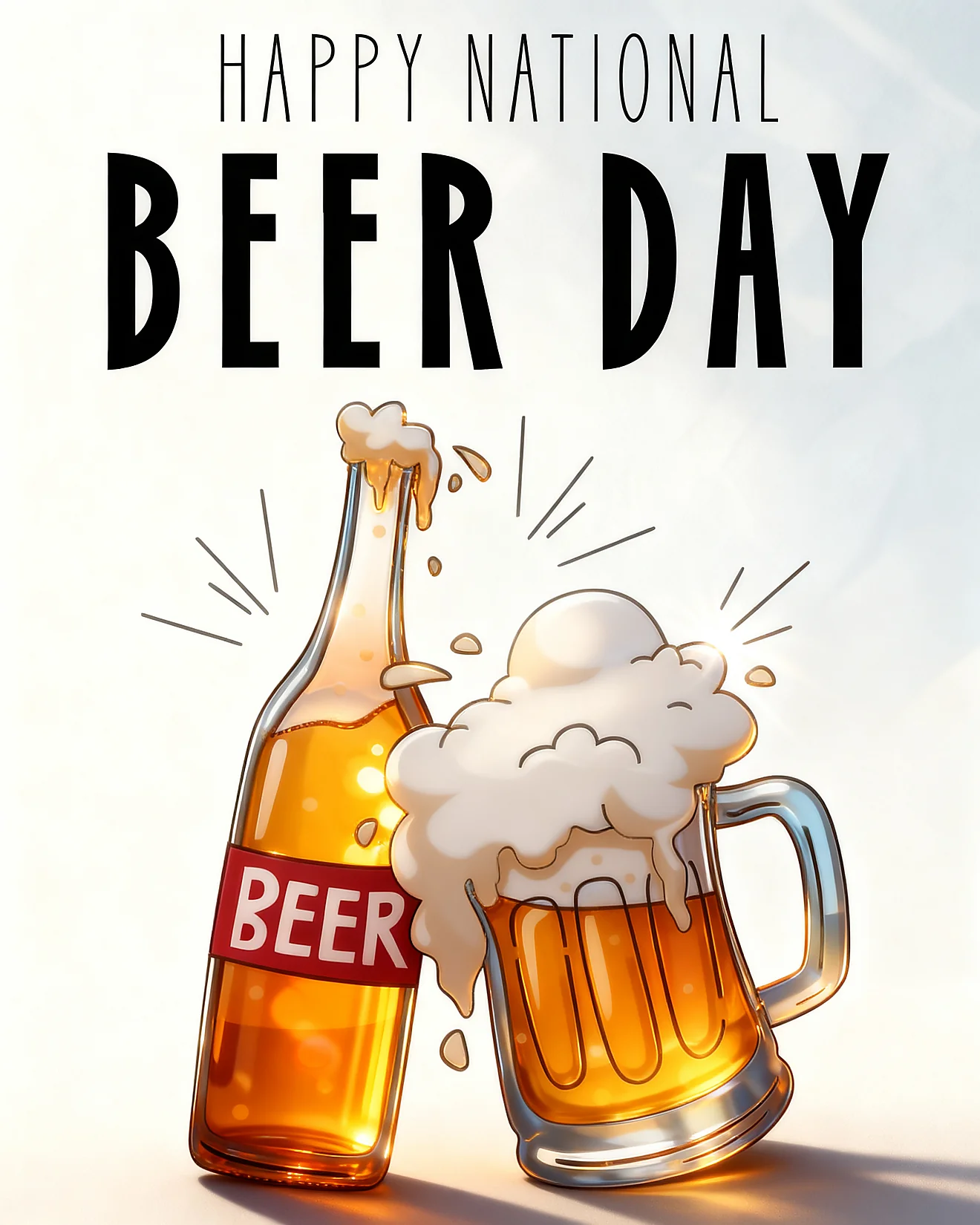 3D beer bottle leaning against an overflowing foamy mug for National Beer Day