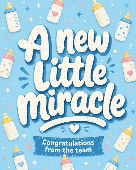 Baby bottles scattered on blue with bold A New Little Miracle Baby Shower lettering