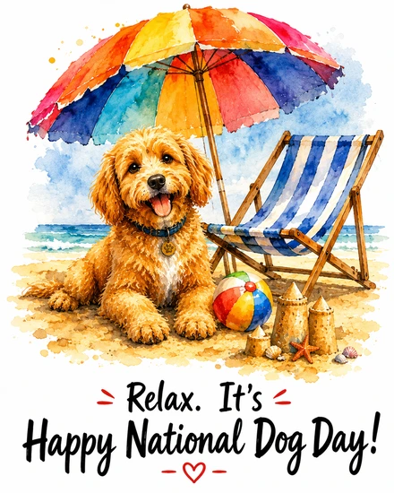 Dog relaxes on the beach under an umbrella for Happy National Dog Day