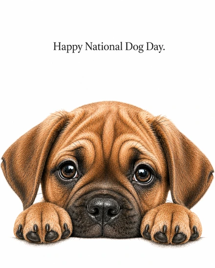 Droopy-eared boxer puppy rests its paws on a ledge to say Happy National Dog Day