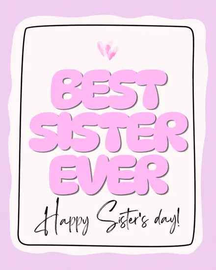 Free Sister's Day card with bold pink bubble letters on lavender background with a hand-drawn frame and heart