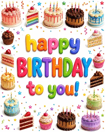 Free birthday ecard with a colorful collage of cakes, cupcakes, and slices surrounding rainbow balloon letters.