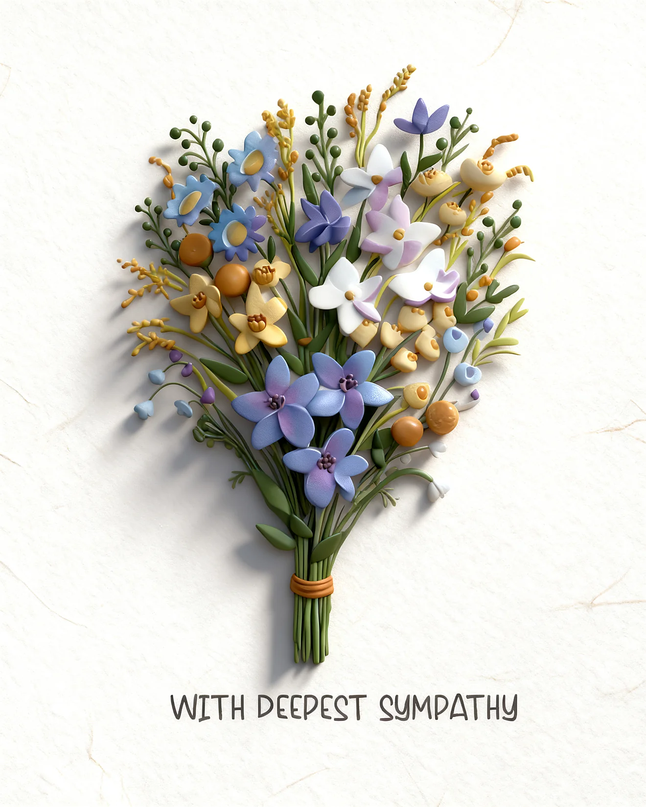 Clay-style wildflower bouquet tied with twine beneath a With Deepest Sympathy message