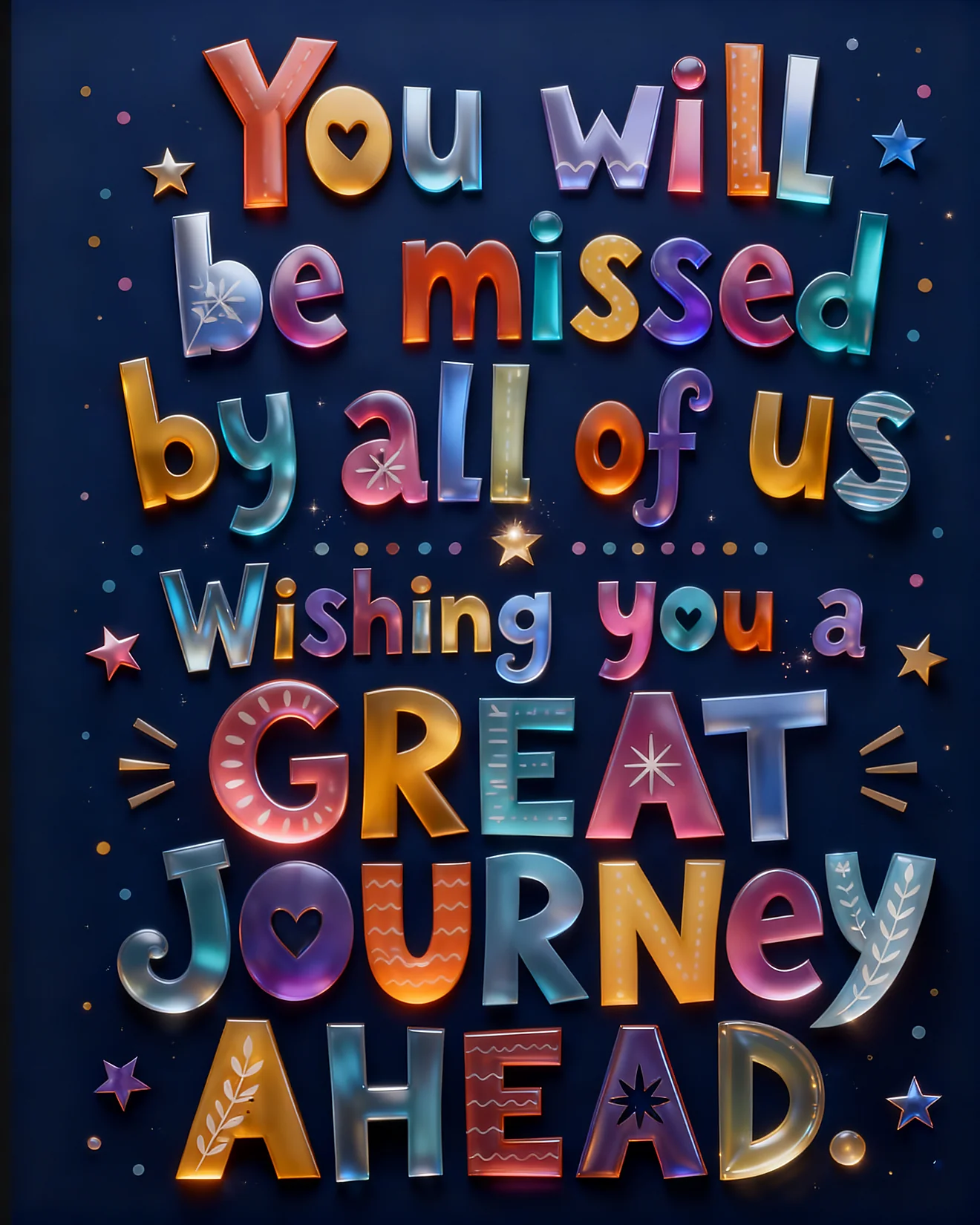 Colorful glossy 3D lettering wishes a great journey ahead on a starry navy farewell card