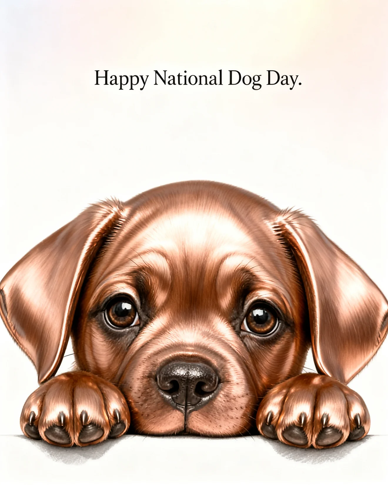 Copper-toned puppy with big floppy ears rests its chin on its paws for Dog Day