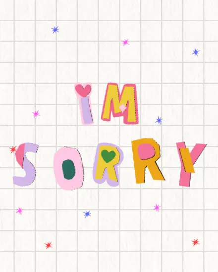 Free sorry card with cut-paper style I'm Sorry lettering, hearts, and colorful stars