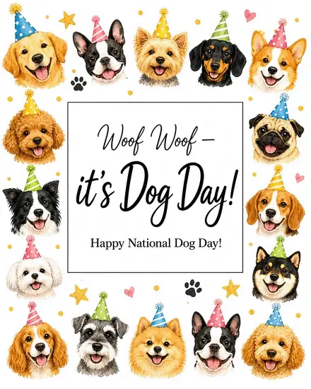 Assorted dog breeds wear party hats around a Happy National Dog Day message
