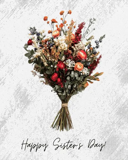Free Sister's Day card with a dried wildflower bouquet of ranunculus, eucalyptus, and red blooms on white background