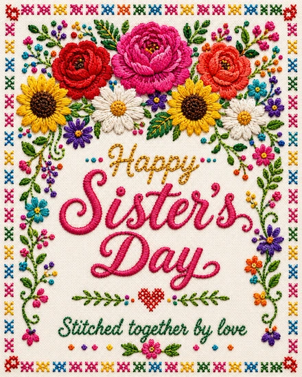 Free Sister's Day card with embroidery cross-stitch floral border, sunflowers, roses, and Stitched Together By Love message