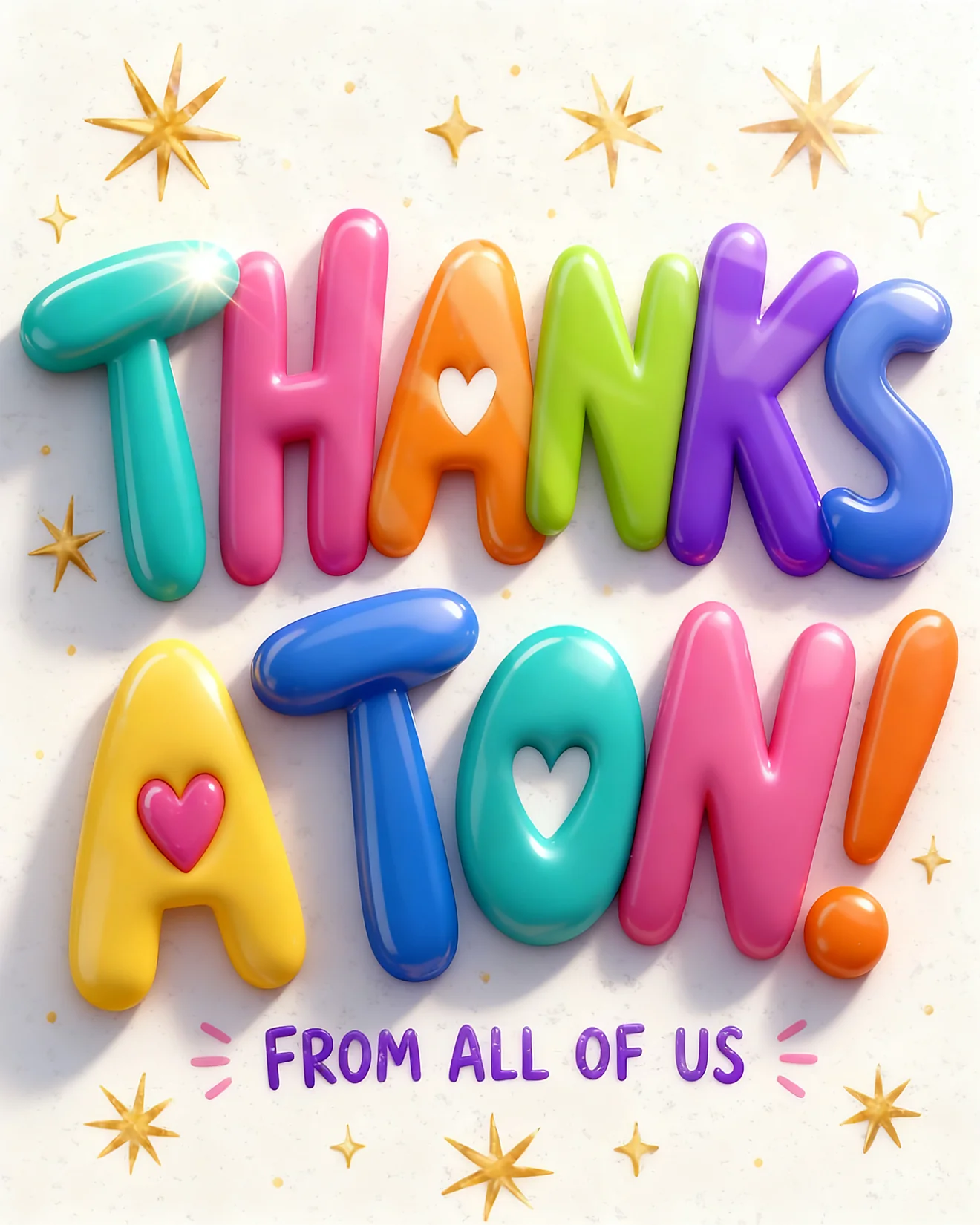Glossy multicolor balloon letters with heart cutouts spell Thanks A Ton from all of us