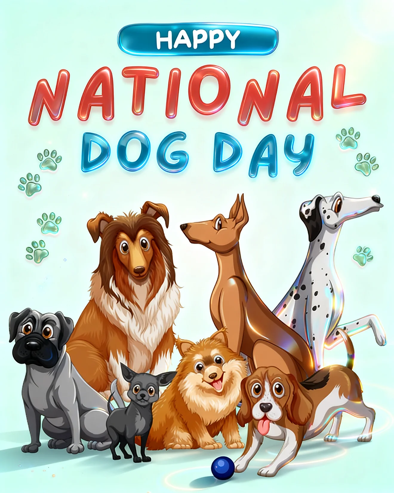 Six cartoon dogs gather under glossy Happy National Dog Day text with paw prints