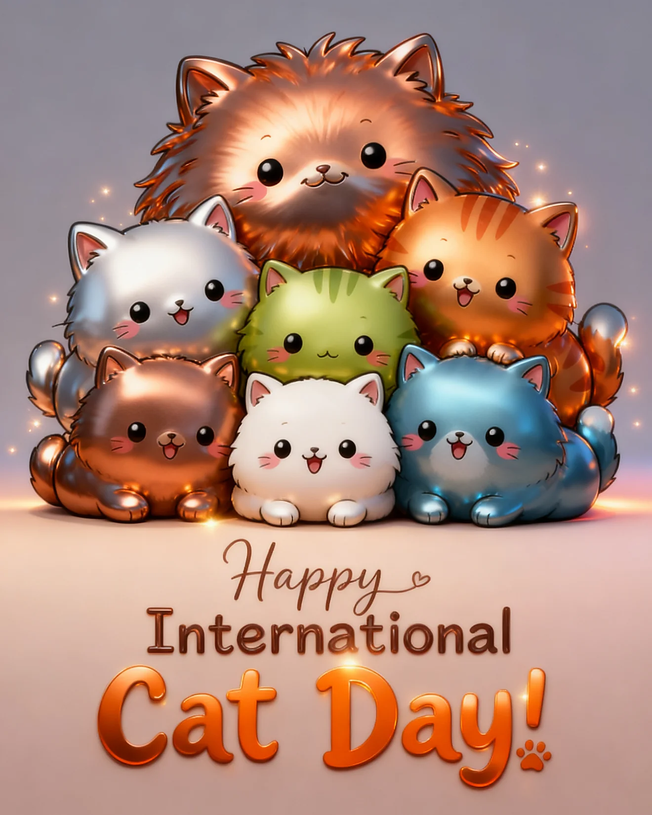 Seven glossy, colorful kittens stack together to wish Happy International Cat Day