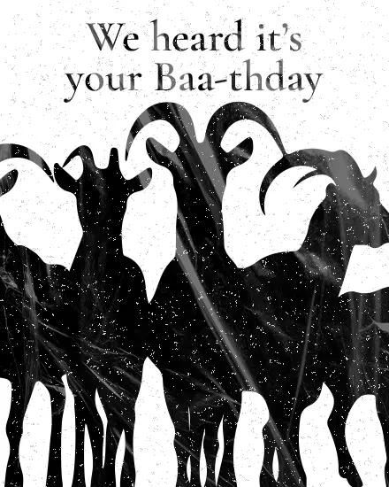 Goat silhouettes on marble texture with a punny We heard it's your Baa-thday message